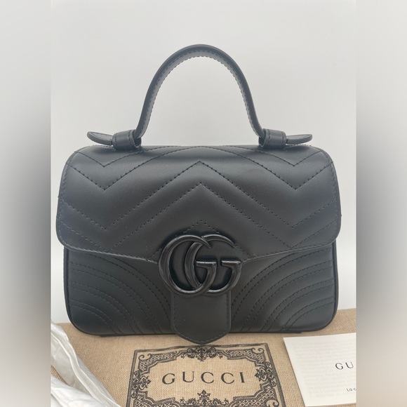 NEW! GUCCI MARMONT TOP HANDLE MATELASSE BLACK SHOULDER CROSSBODY BAG AUTHENTIC - Picture 4 of 14